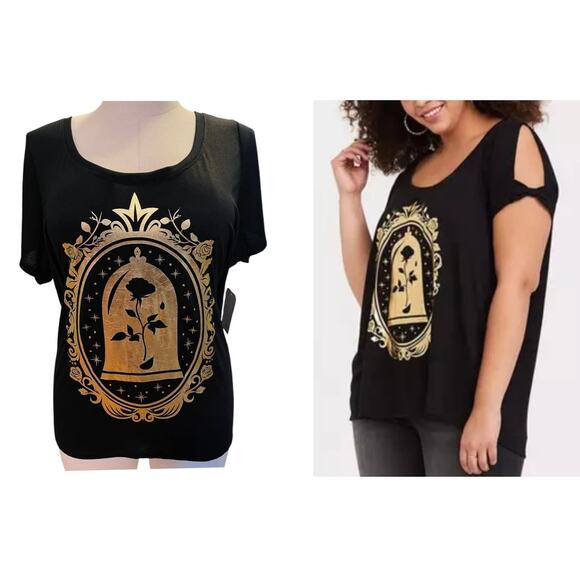 Torrid 3 (3X 22/24) Beauty and the Beast Gold Enchanted Rose Open Sleeve Top New - Picture 1 of 2